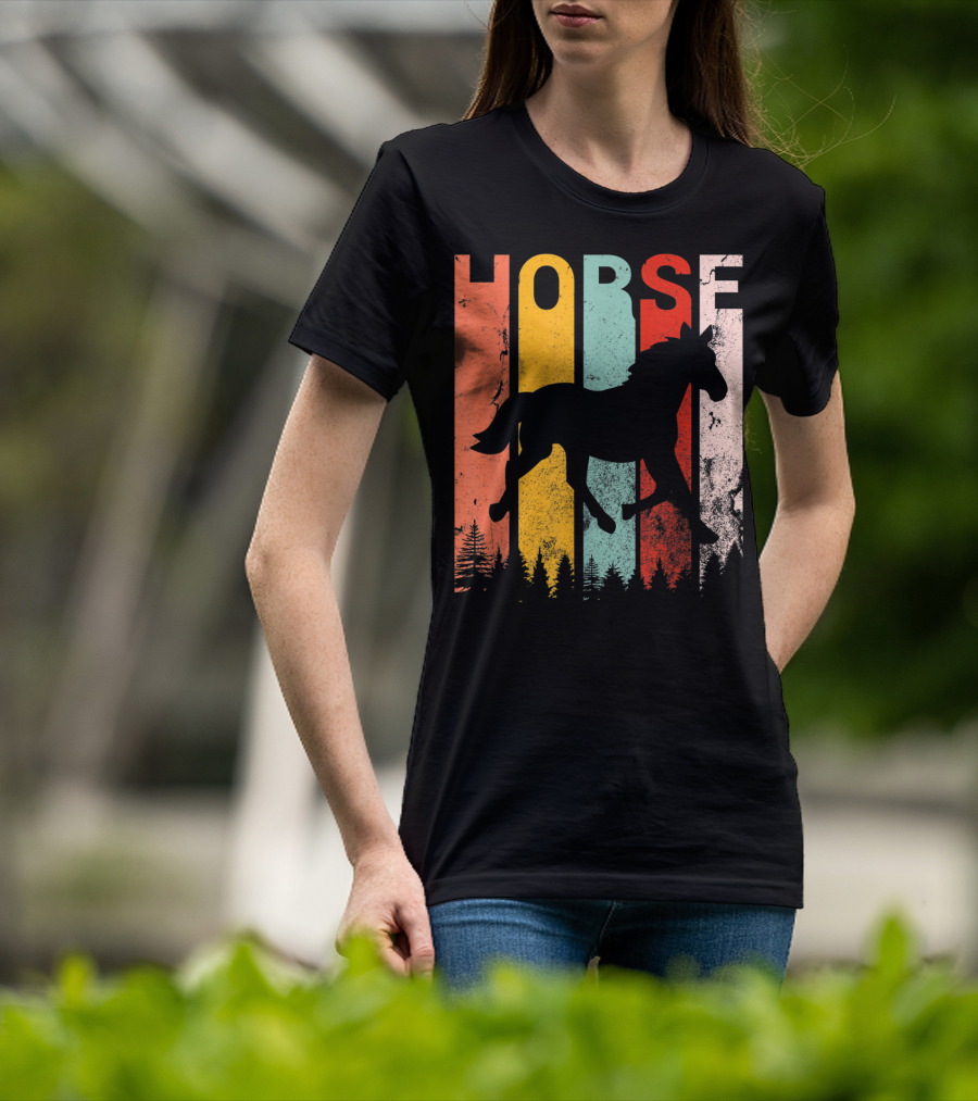 Vintage Style Horse Lover Silhouette With Colorful Stripes And Forest T-Shirt