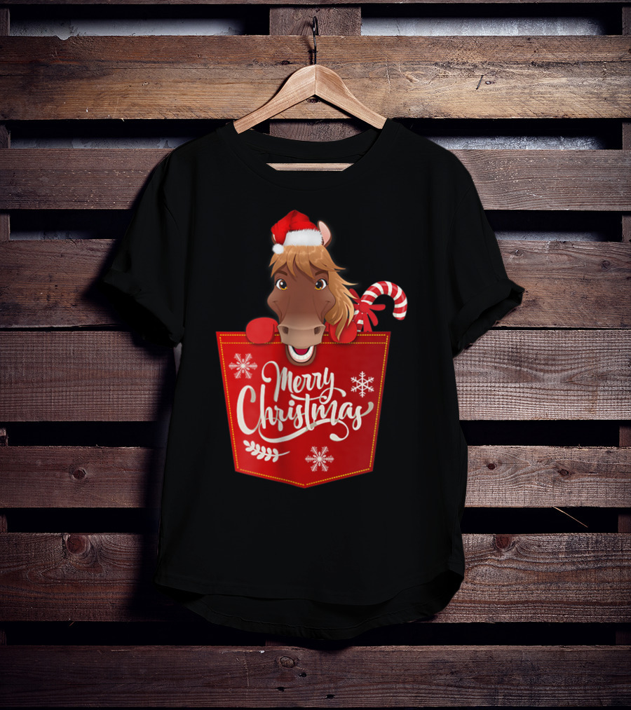 Merry Christmas Santa Hat Horse Candy Cane Funny Pocket T-Shirt