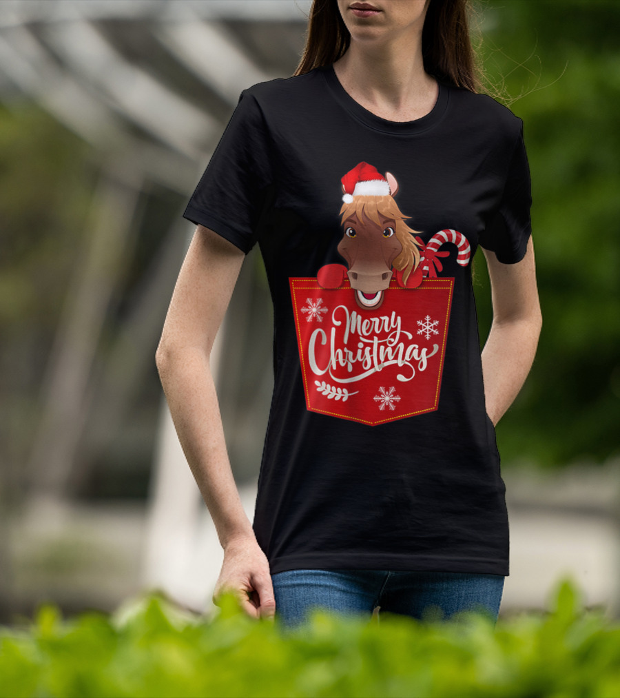 Merry Christmas Santa Hat Horse Candy Cane Funny Pocket T-Shirt