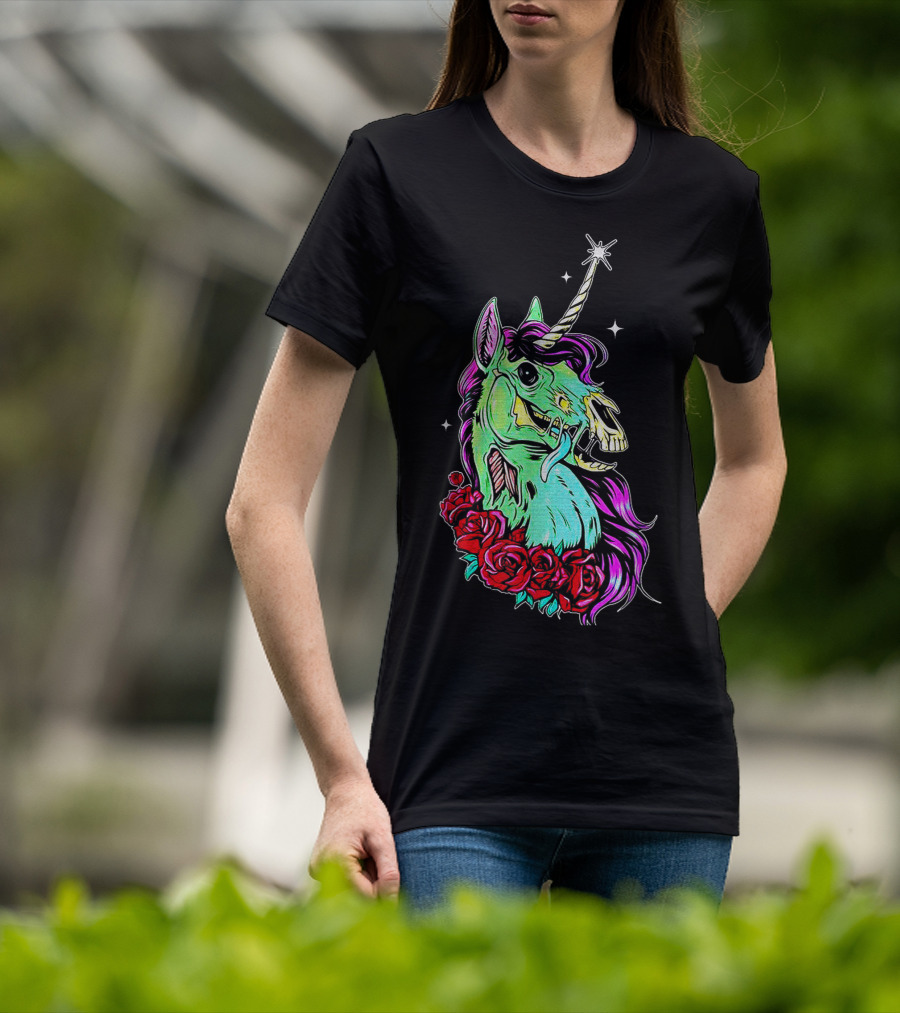 Funny Rose Floral Unicorn Horse Zombie Vibes T-Shirt