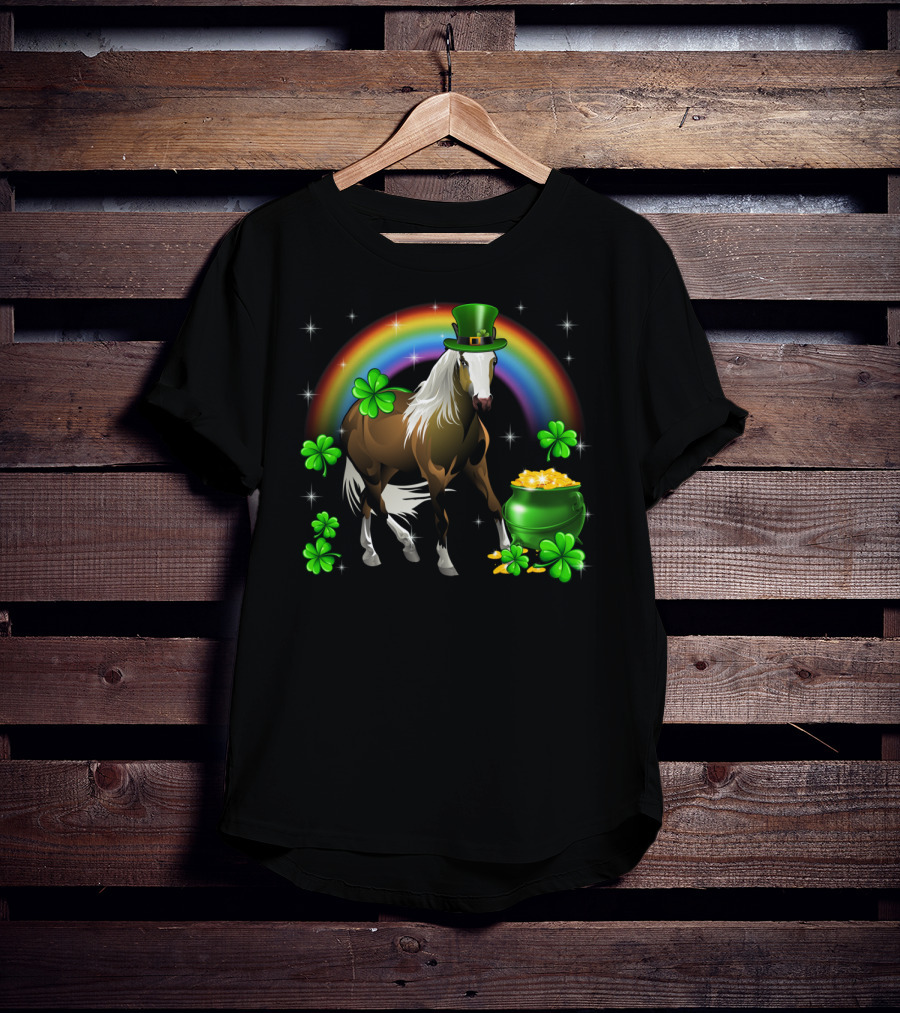 Lucky St Patricks Day Horse With Shamrocks And Rainbow T-Shirt