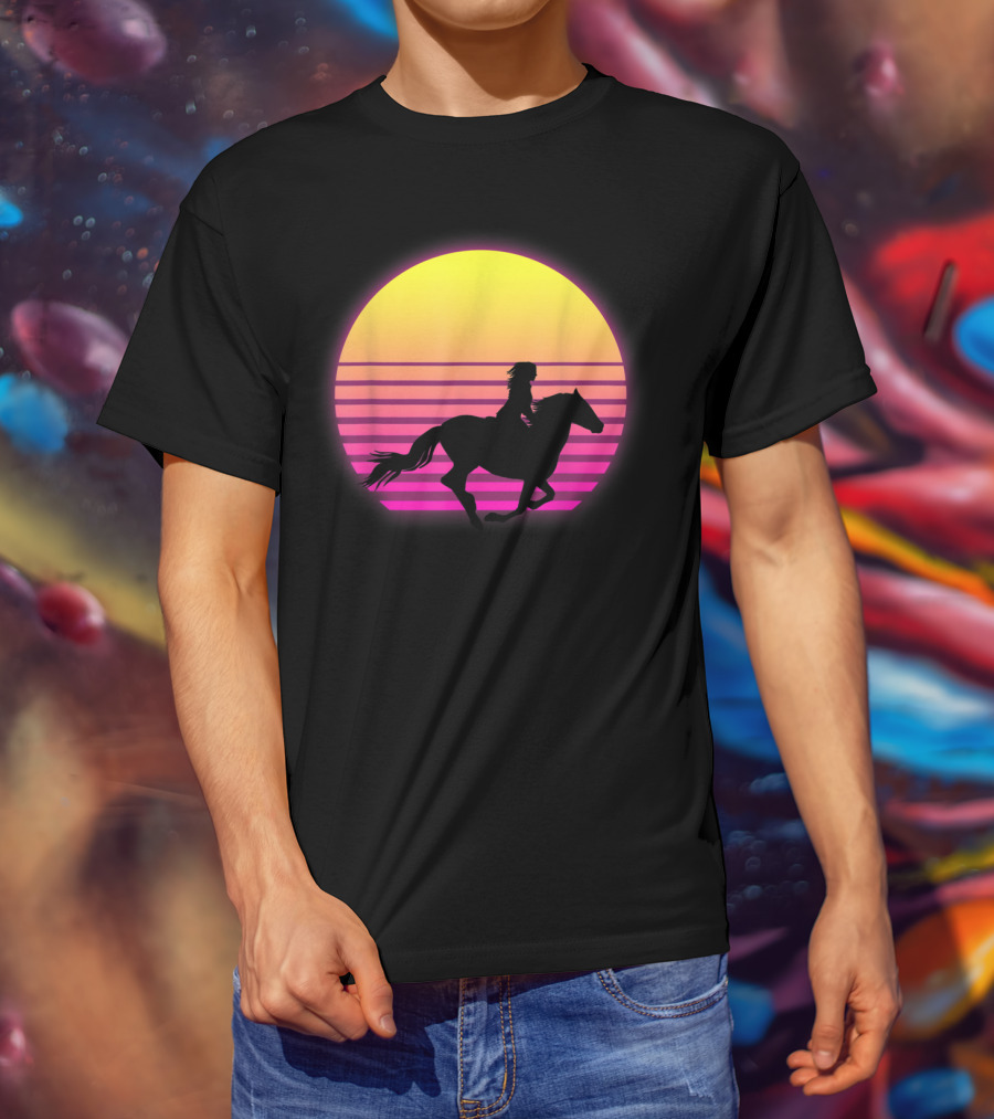 Vintage Sunset Girl Horse Riding Silhouette Retro Cool Horse T-Shirt