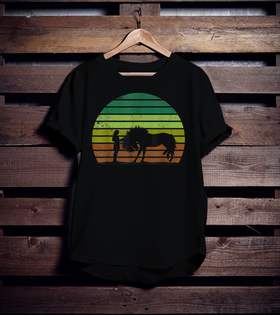 Girl And Horse Silhouette Sunset Stripes T-Shirt