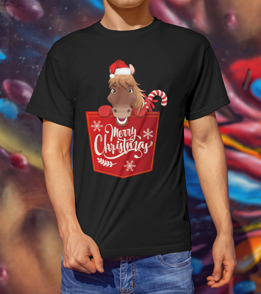 Funny Horse In Santa Hat With Candy Cane Merry Christmas Crewneck T-Shirt