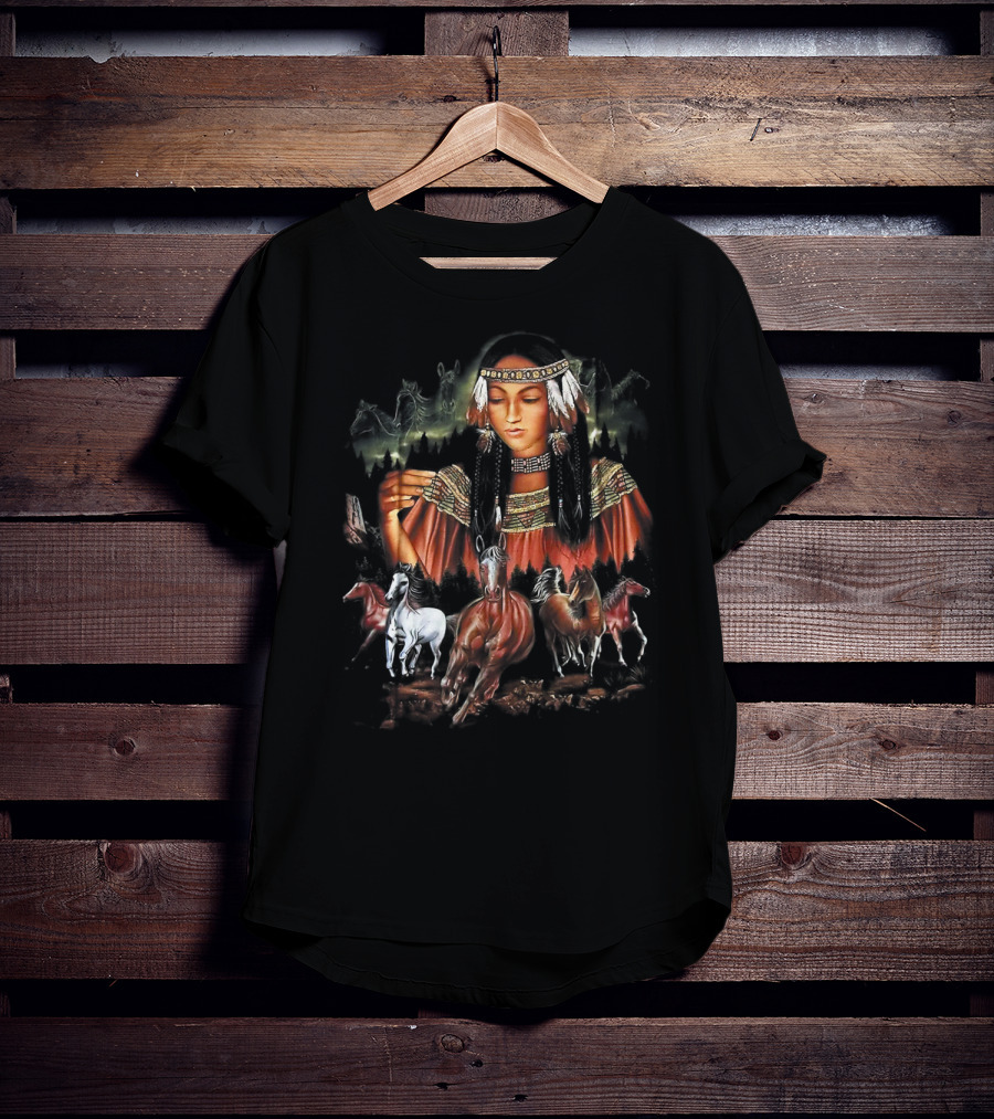 Native American Girl With Horses And Tribal Elements T-Shirt