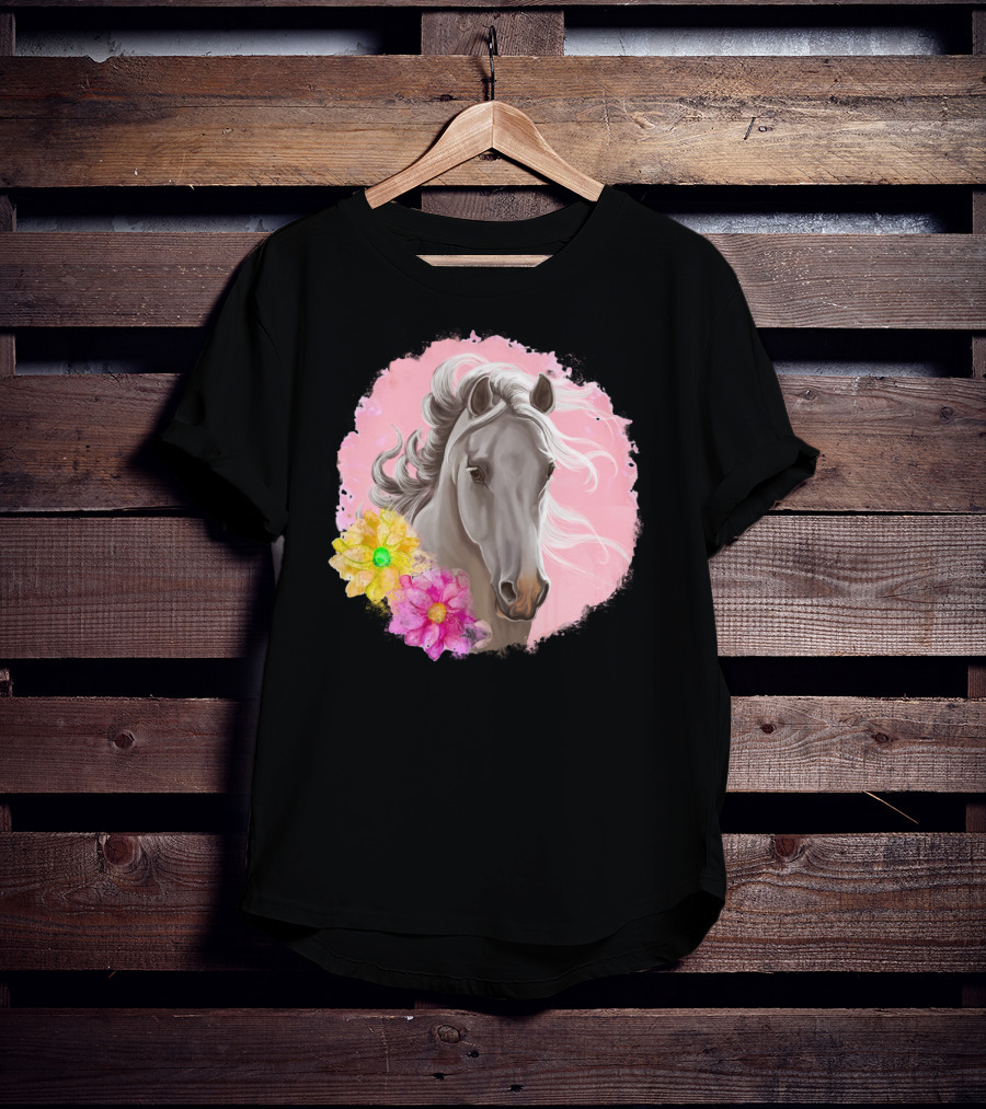 Gorgeous Horse With Vibrant Flowers On Pink Background T-Shirt