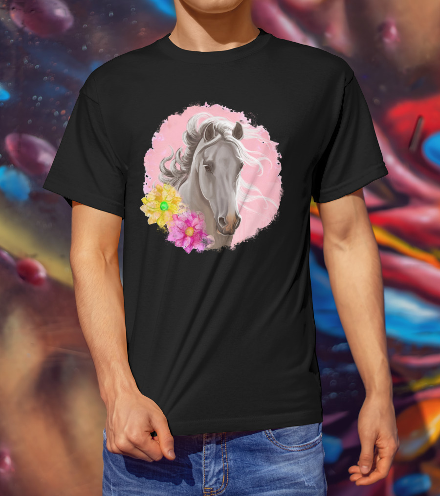 Gorgeous Horse With Vibrant Flowers On Pink Background T-Shirt