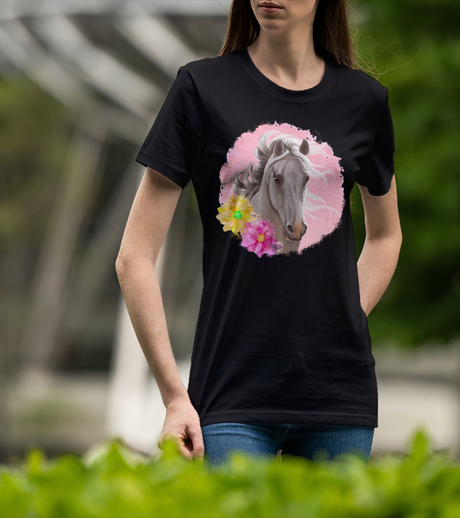 Gorgeous Horse With Vibrant Flowers On Pink Background T-Shirt