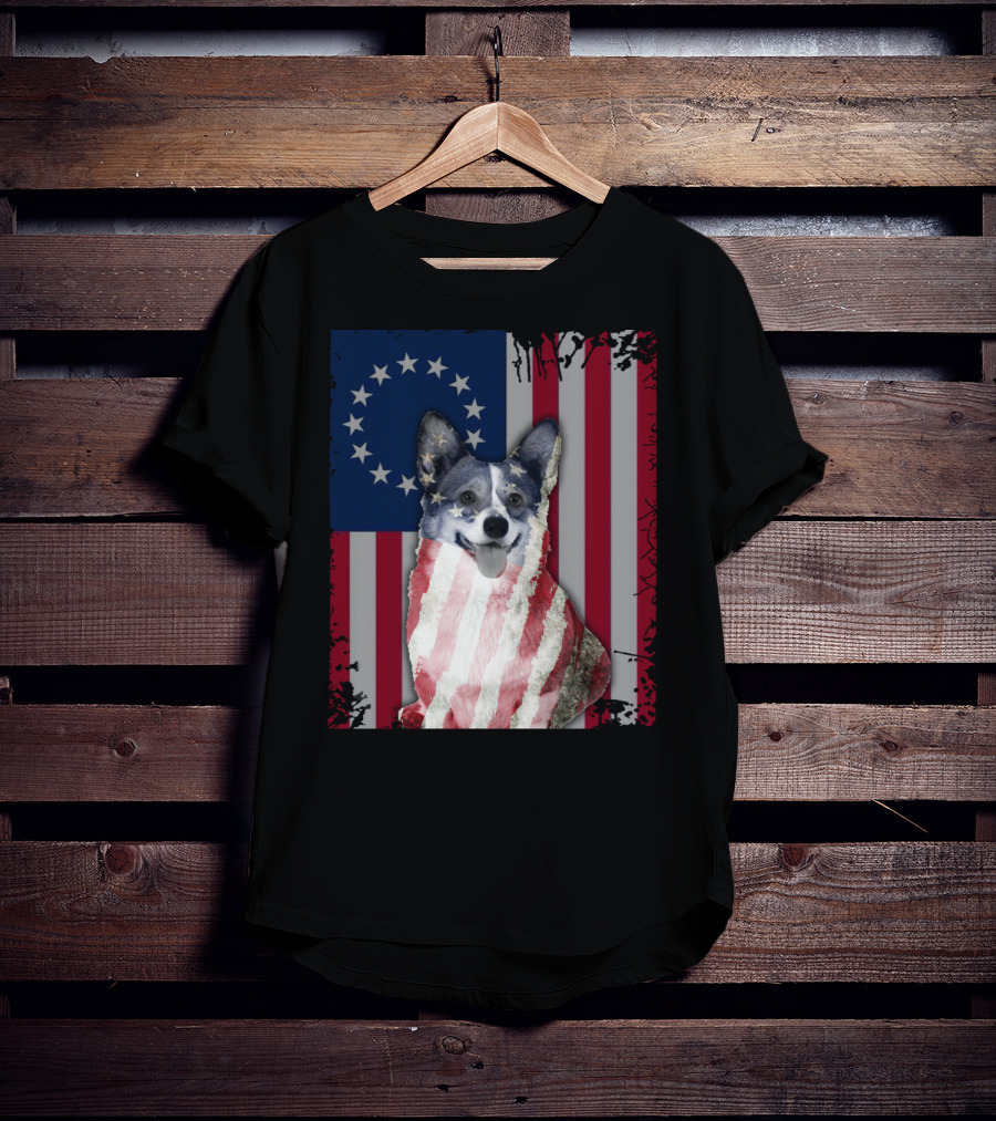 Corgi Betsy Ross US American Flag Costume With Stars And Stripes Background T-Shirt