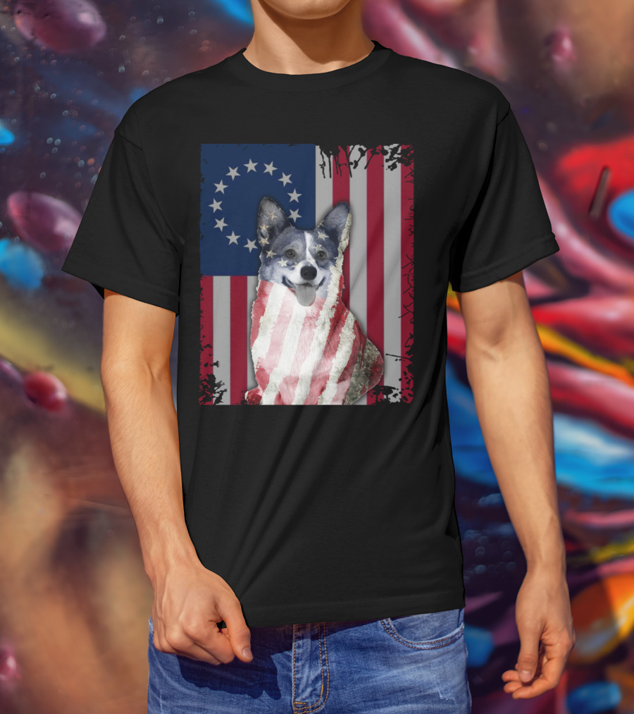 Corgi Betsy Ross US American Flag Costume With Stars And Stripes Background T-Shirt