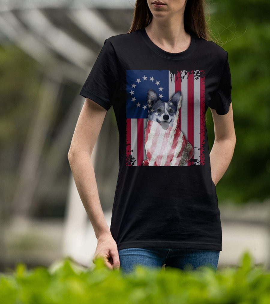 Corgi Betsy Ross US American Flag Costume With Stars And Stripes Background T-Shirt