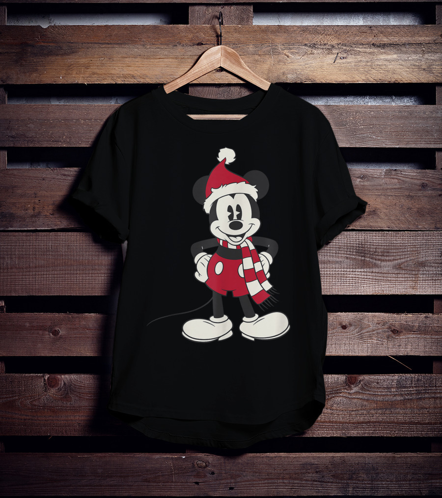 Disney Mickey Mouse Christmas Santa Hat And Scarf T-Shirt