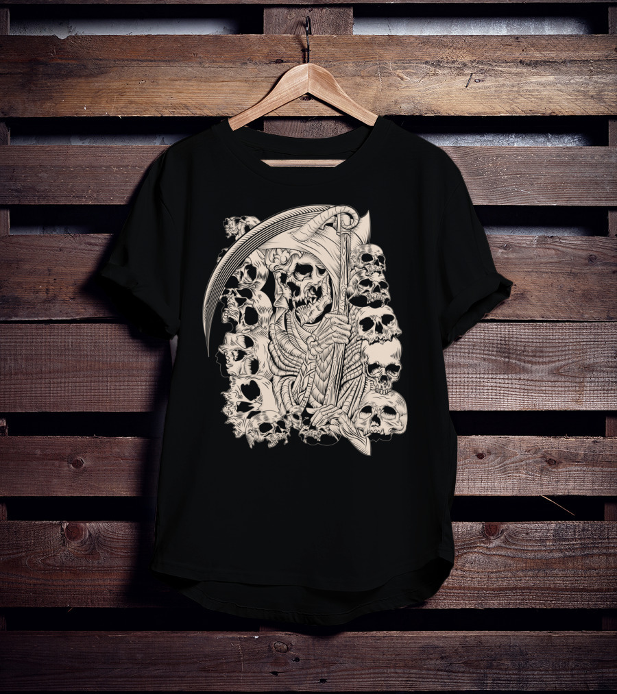 Grim Reaper Skull Scythe Classic Ink Drawing T-Shirt