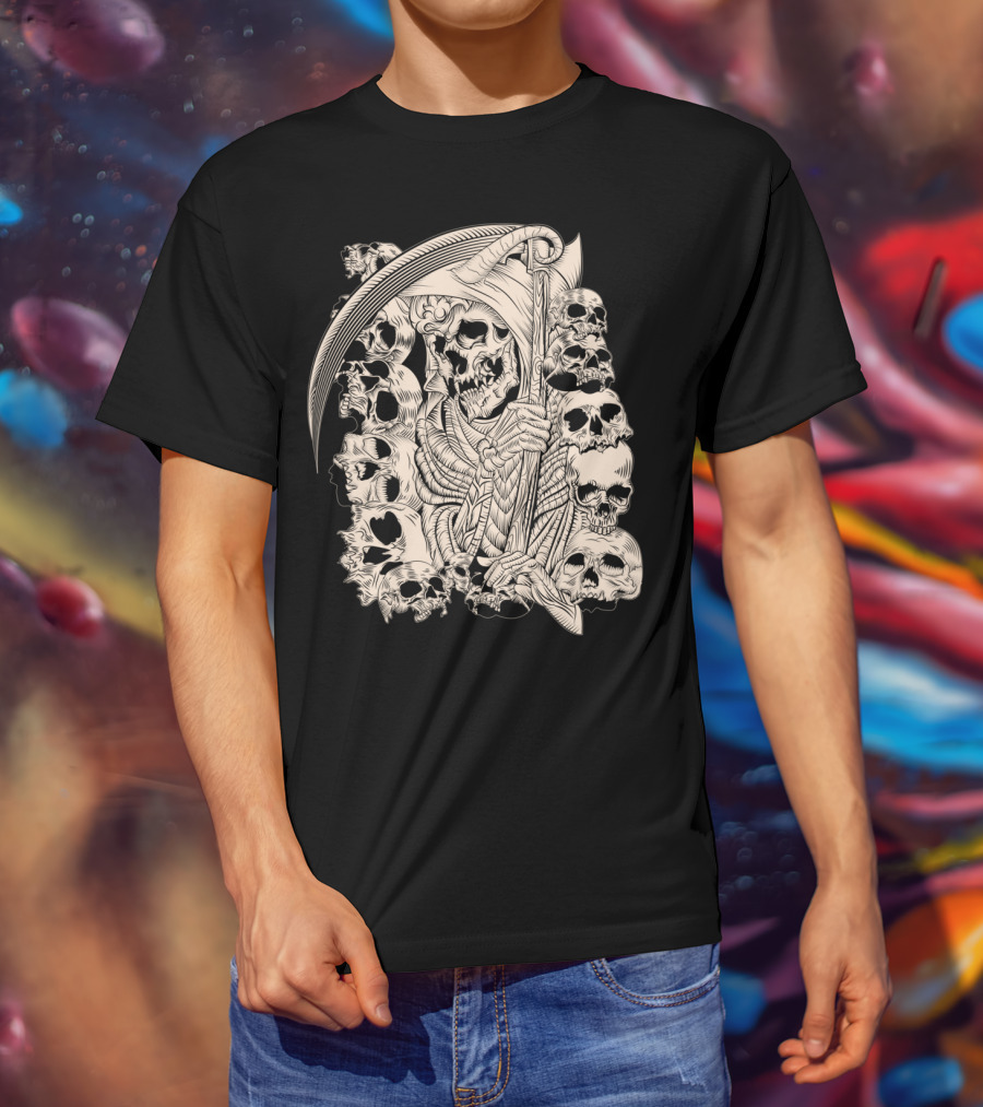 Grim Reaper Skull Scythe Classic Ink Drawing T-Shirt
