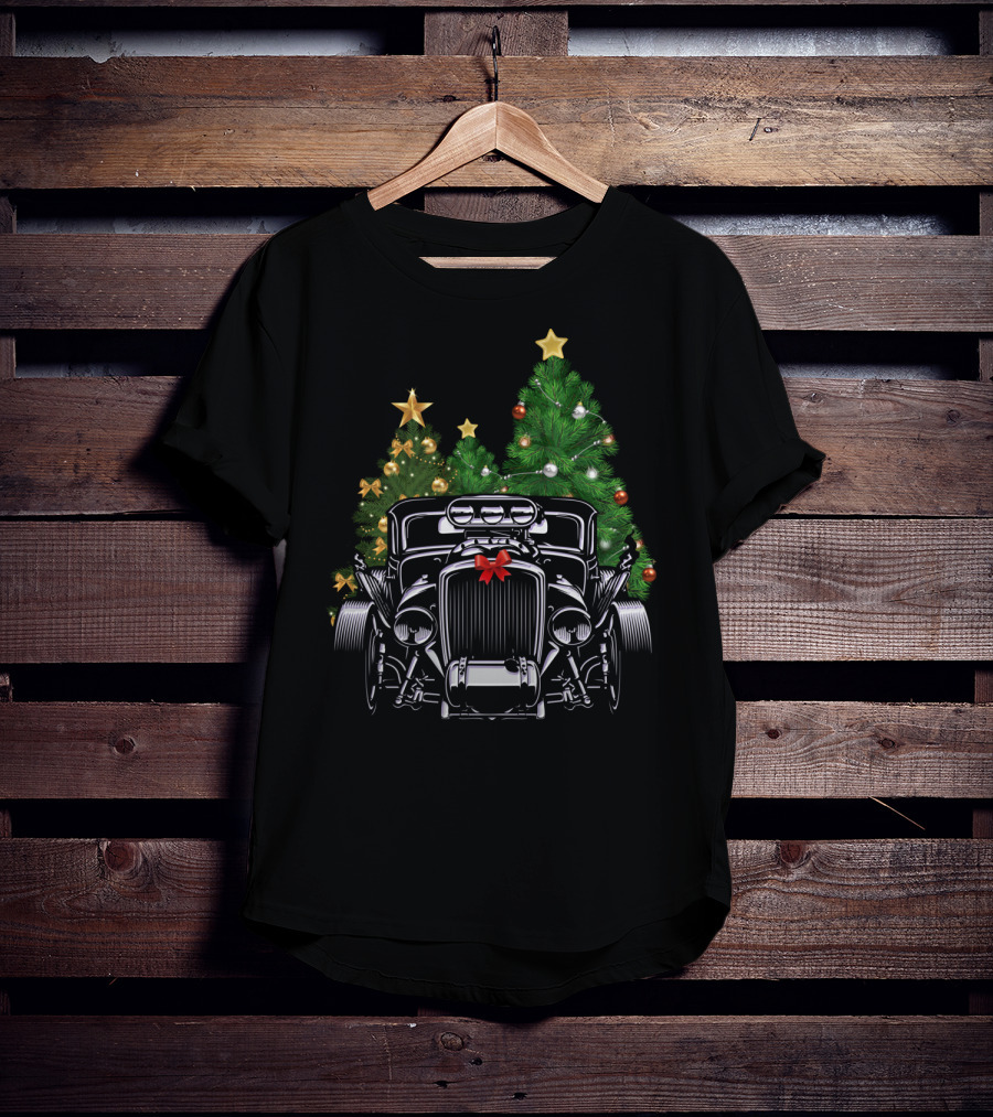 Classic American Hot Rod Christmas Tree Scene T-Shirt