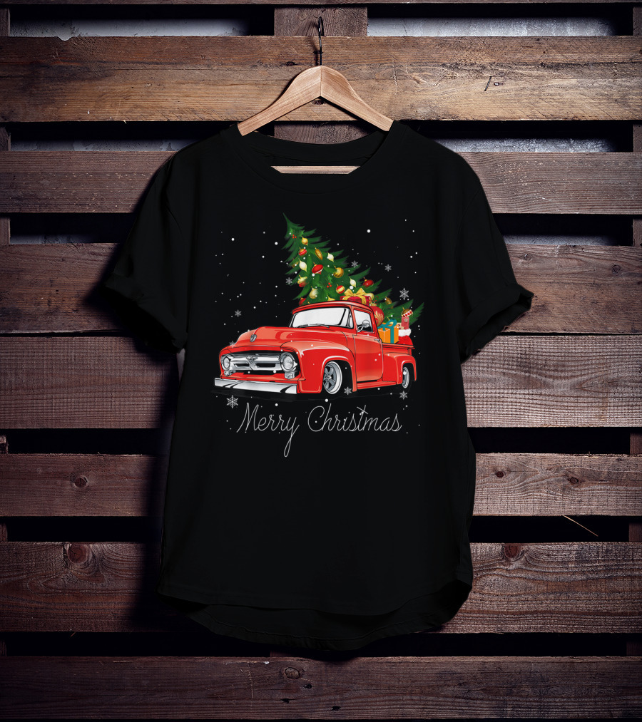 Merry Christmas Red Truck With Christmas Tree And Gifts In Snow T-Shirt