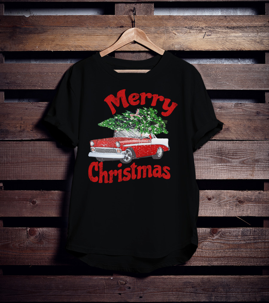 Merry Christmas Vintage Classic Car With Christmas Tree T-Shirt