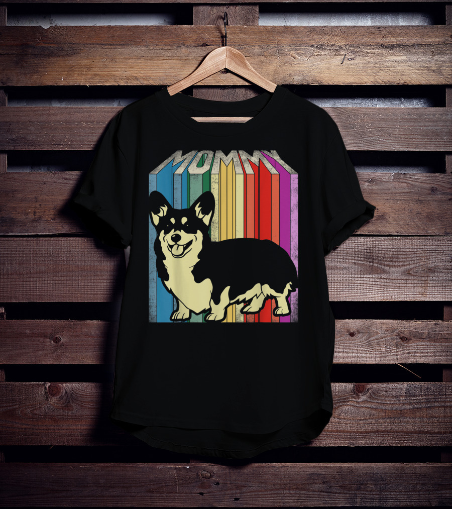 MOMMY Corgi Dog Vintage Rainbow Stripes T-Shirt
