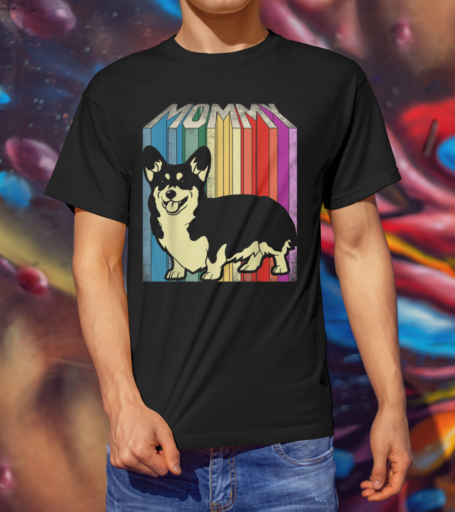 MOMMY Corgi Dog Vintage Rainbow Stripes T-Shirt