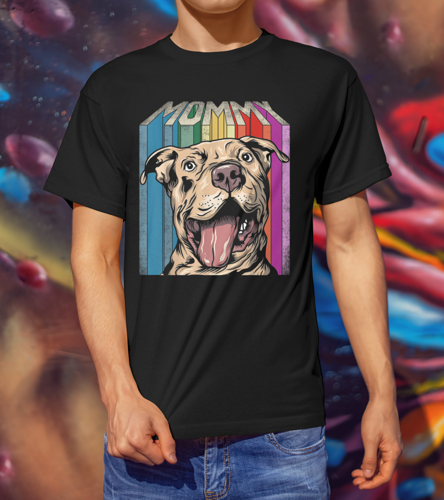 Mommy Pitbull Dog Retro Colorful Stripes T-Shirt
