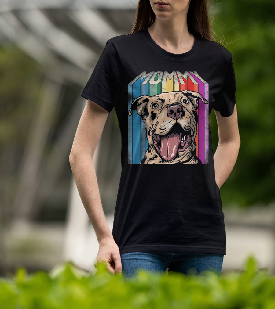 Mommy Pitbull Dog Retro Colorful Stripes T-Shirt