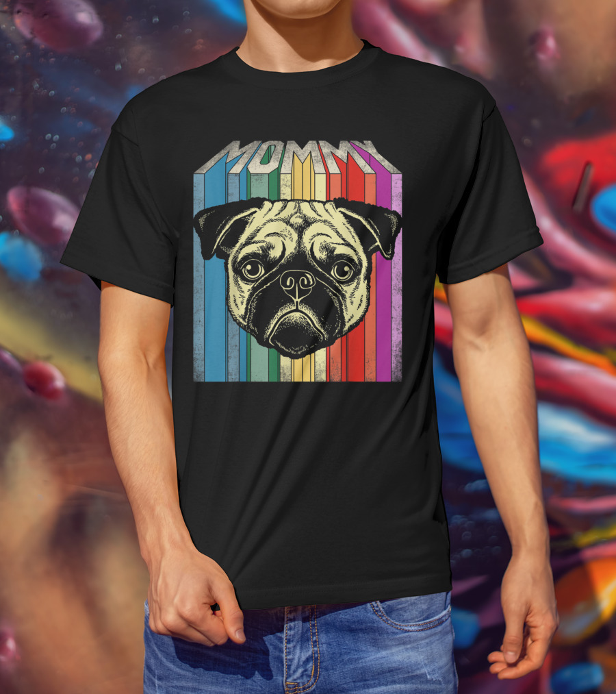 Mommy Pug Dog Retro Rainbow Stripes T-Shirt