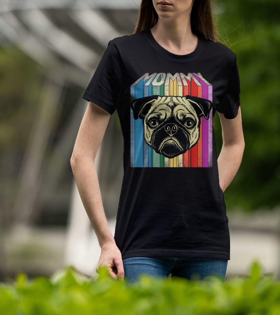 Mommy Pug Dog Retro Rainbow Stripes T-Shirt