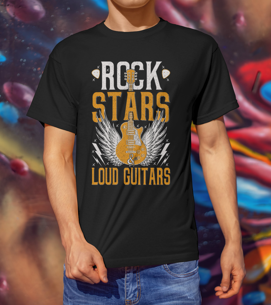 Rock Stars And Loud Guitars Vintage Classic Wings Electric Guitar T-Shirt
