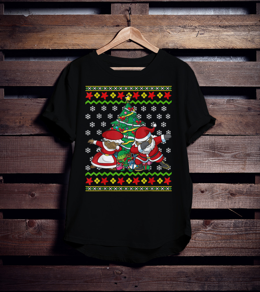 African American Dabbing Santa Mrs Claus Christmas Tree Snowflakes T-Shirt