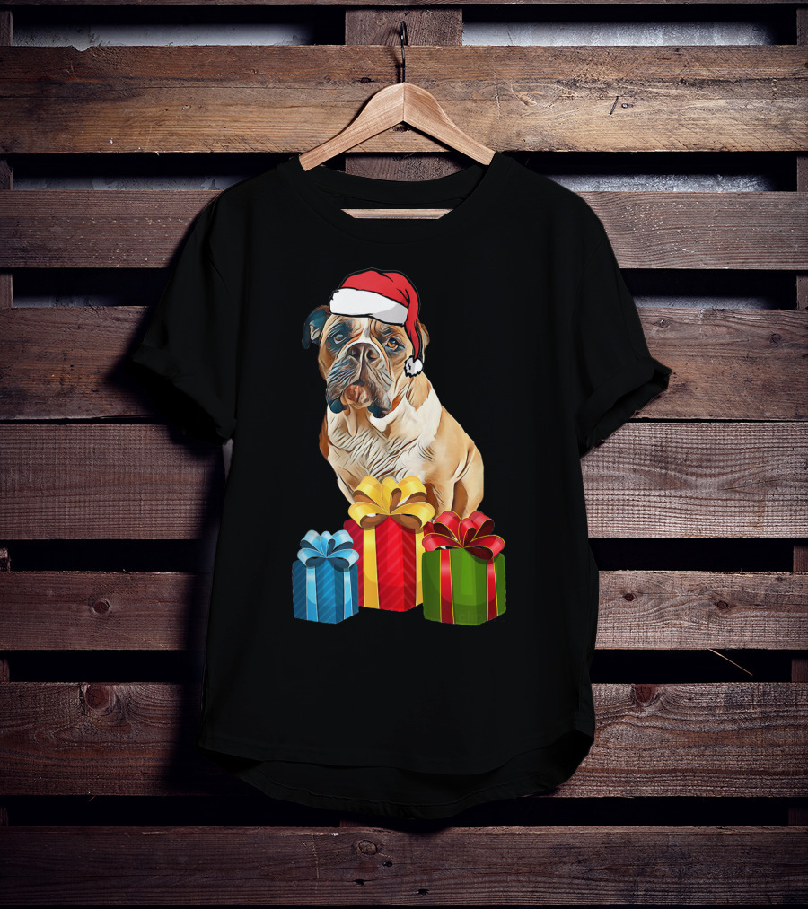 Bulldog With Santa Hat And Holiday Gifts T-Shirt