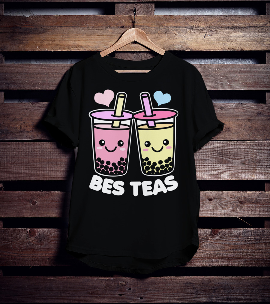 Bes Teas Cute Kawaii Boba Drinks Pink Yellow Hearts T-Shirt