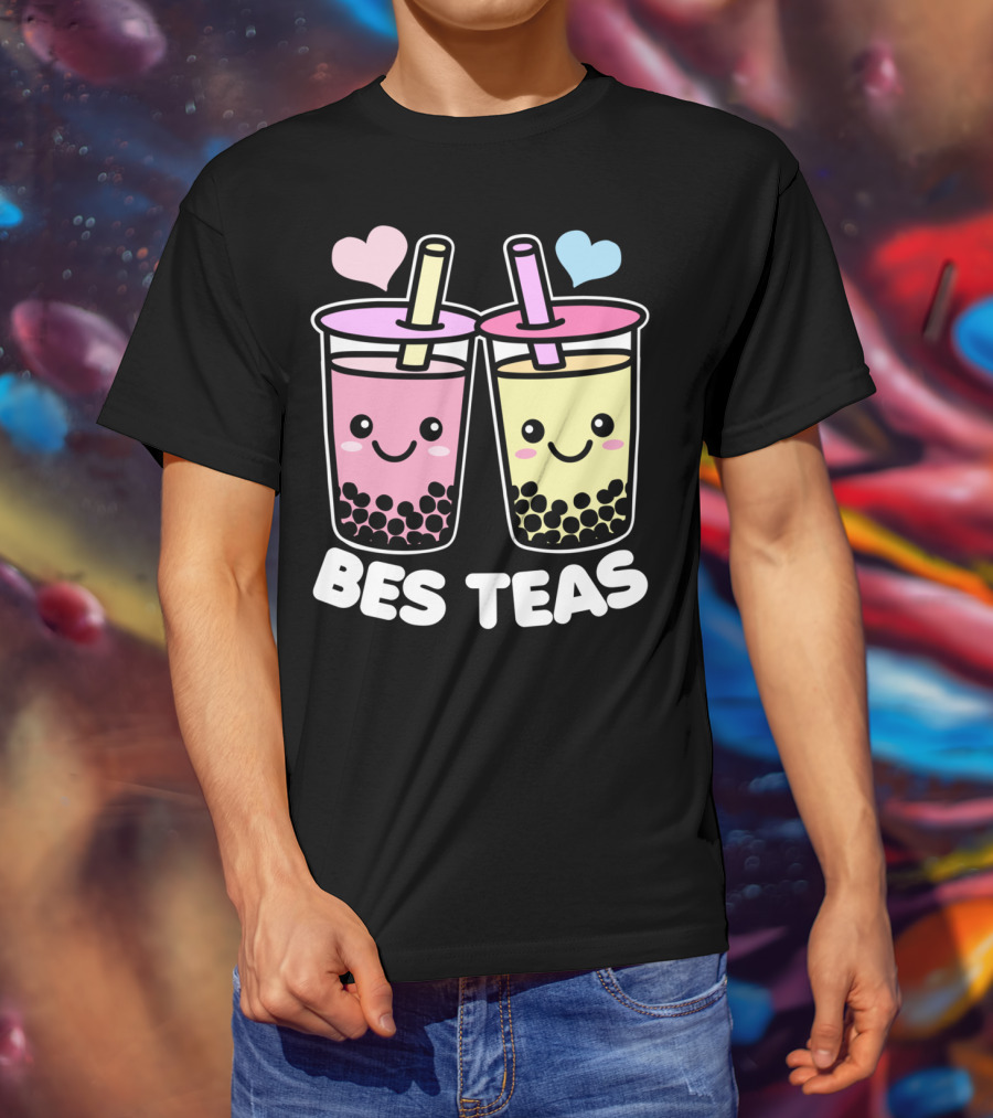 Bes Teas Cute Kawaii Boba Drinks Pink Yellow Hearts T-Shirt