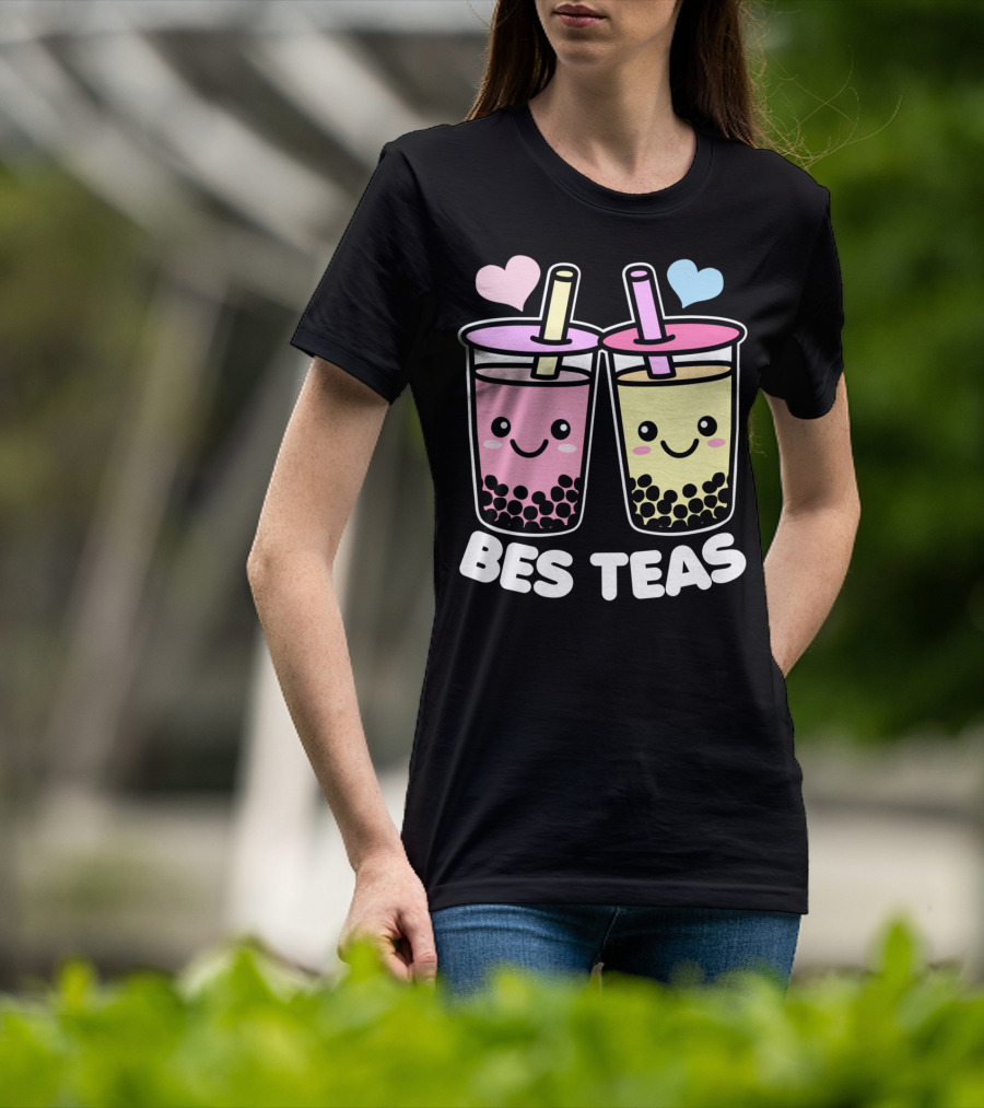 Bes Teas Cute Kawaii Boba Drinks Pink Yellow Hearts T-Shirt