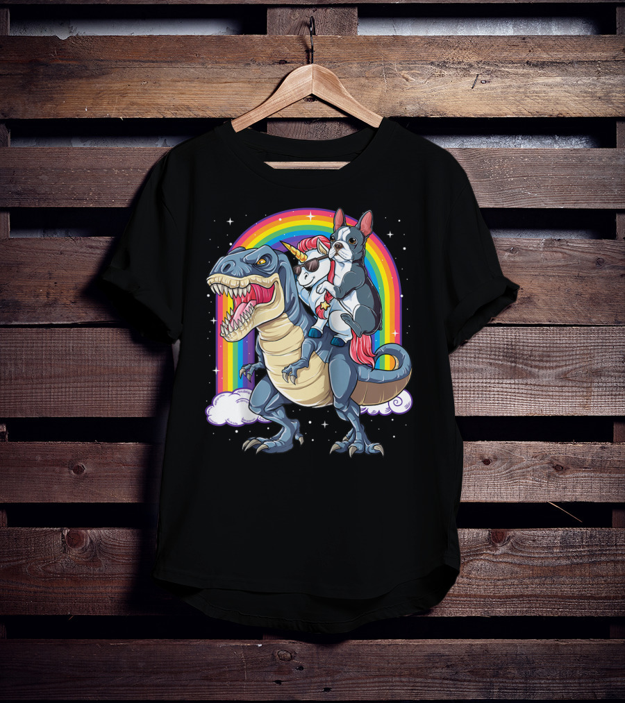 Boston Terrier And Unicorn Riding T-Rex T-Shirt