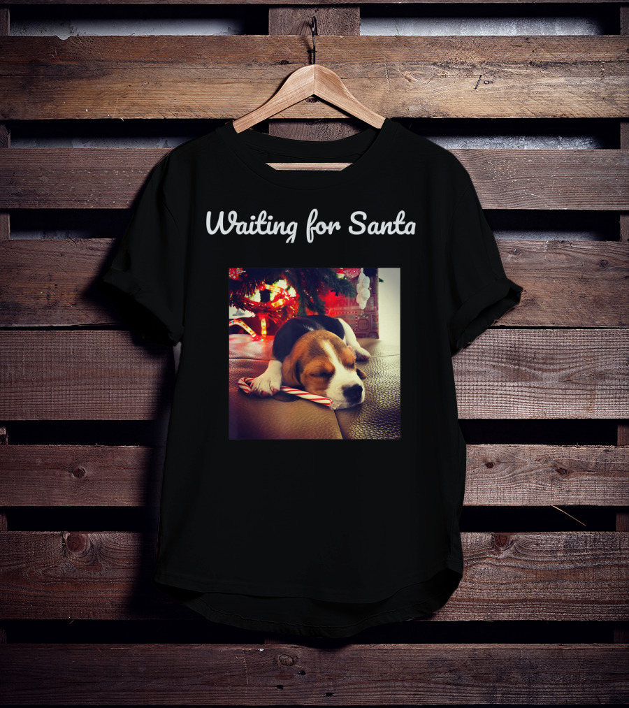 Waiting For Santa Cute Dog Under Christmas Tree With Candy Cane T-Shirt