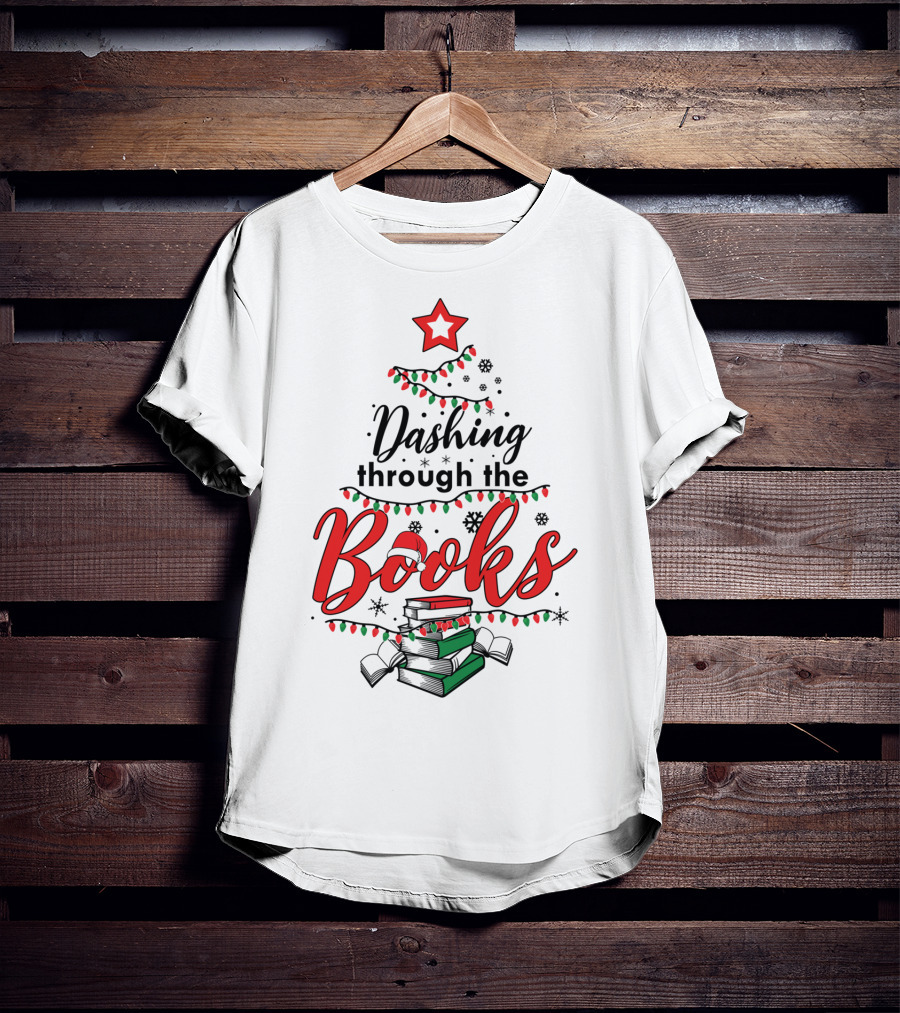 Dashing Through The Books Christmas Tree With Stack Of Books And Santa Hat T-Shirt