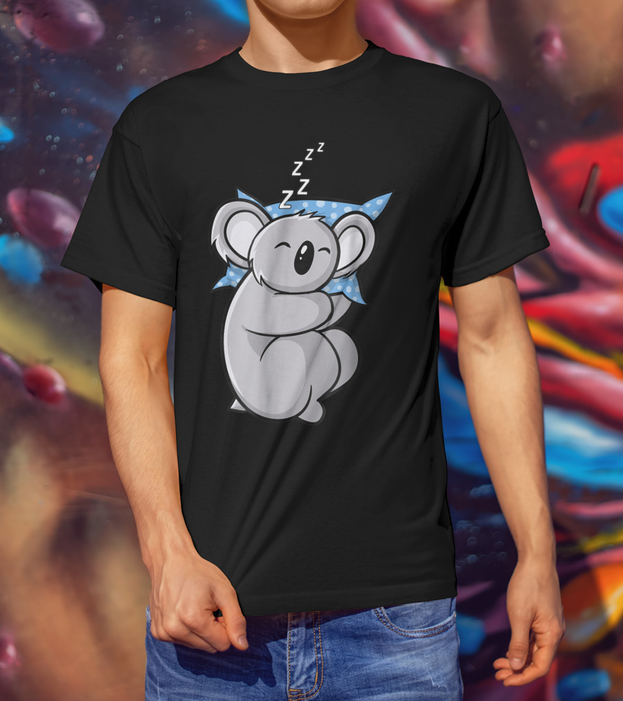 Cute Koala Bear Lazy Sleeping Animal With Blue Polka Dot Pillow T-Shirt