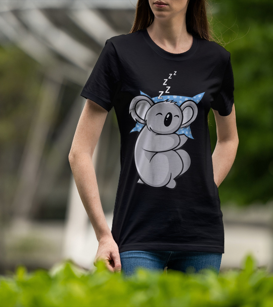 Cute Koala Bear Lazy Sleeping Animal With Blue Polka Dot Pillow T-Shirt