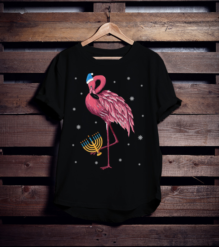 Cute Menorah Flamingo Hanukkah Chanukah With Snowflakes T-Shirt