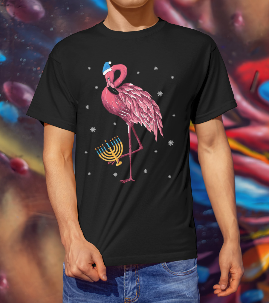 Cute Menorah Flamingo Hanukkah Chanukah With Snowflakes T-Shirt