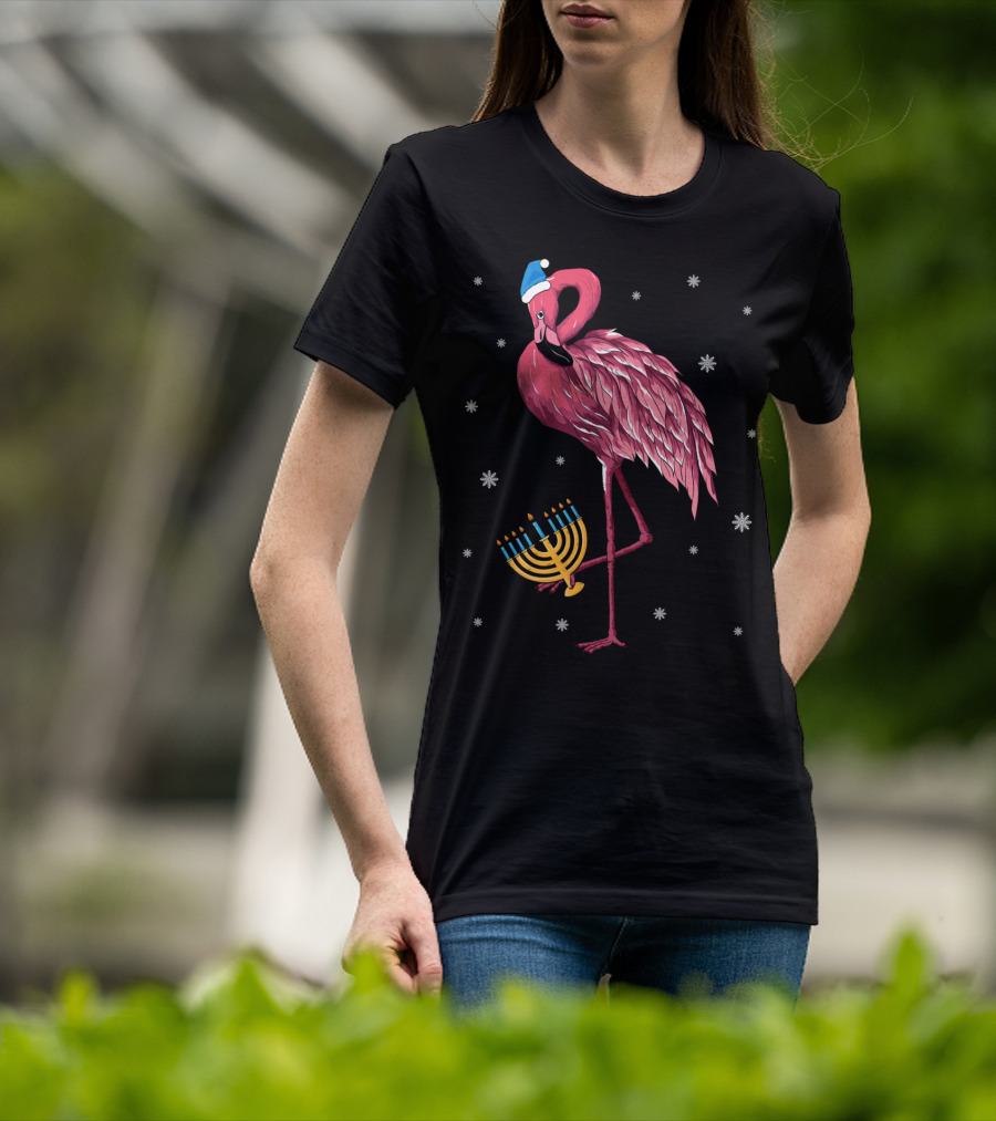 Cute Menorah Flamingo Hanukkah Chanukah With Snowflakes T-Shirt