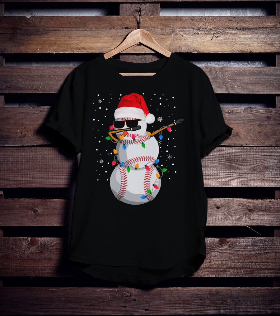 Dabbing Snowman Baseball Christmas Lights Santa Hat Sunglasses T-Shirt