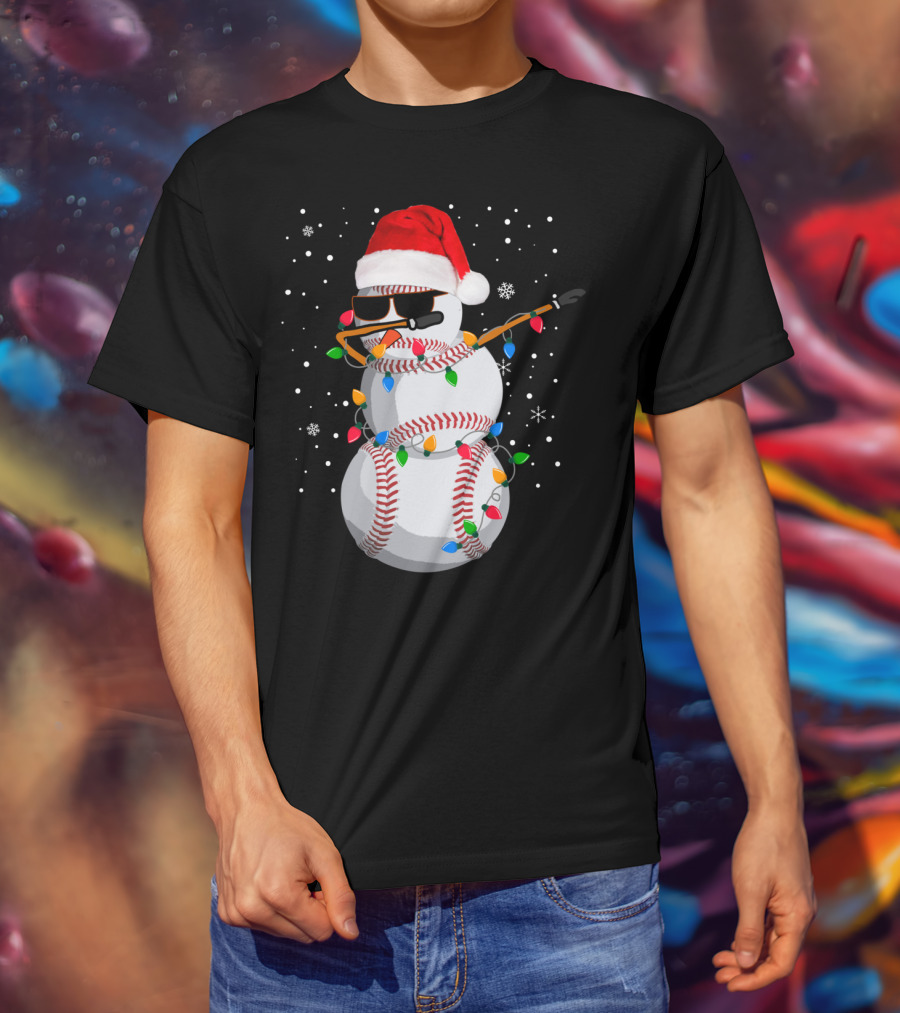 Dabbing Snowman Baseball Christmas Lights Santa Hat Sunglasses T-Shirt