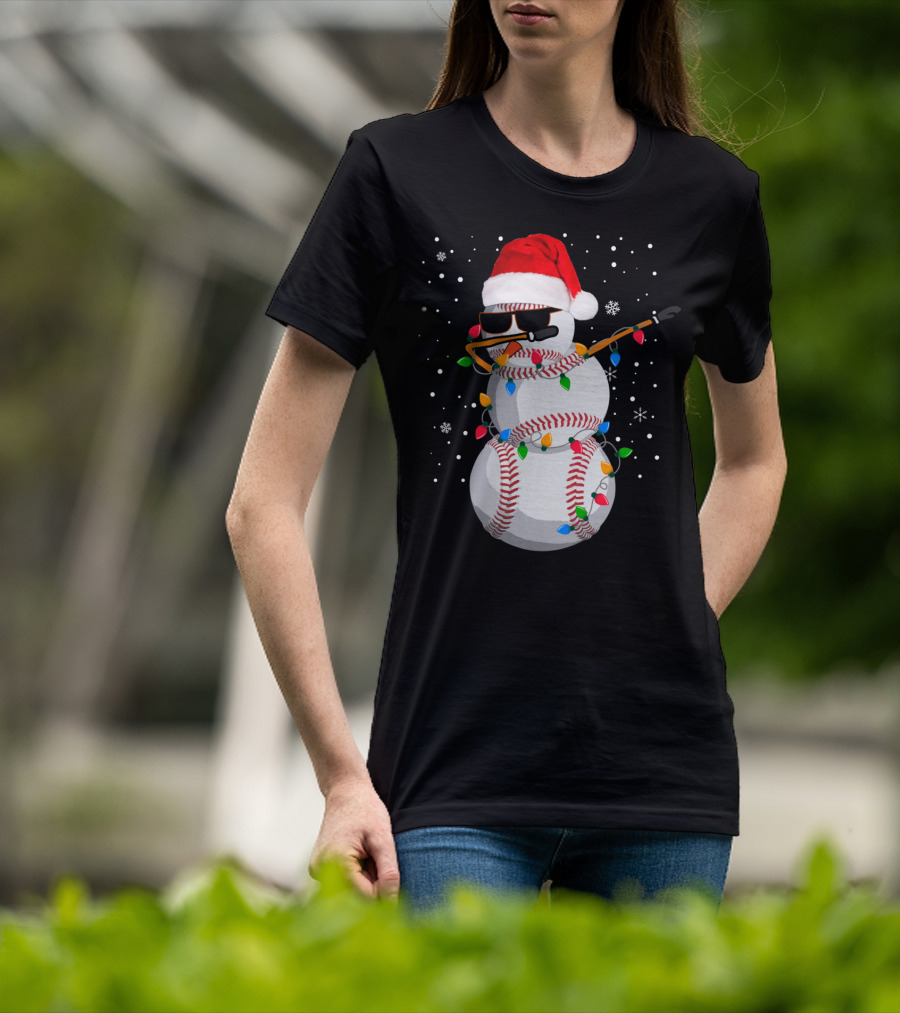 Dabbing Snowman Baseball Christmas Lights Santa Hat Sunglasses T-Shirt
