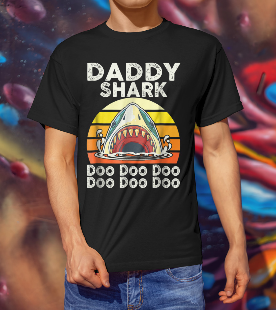 Daddy Shark Doo Doo Doo Doo Doo Doo Funny Sunset Shark Face T-Shirt