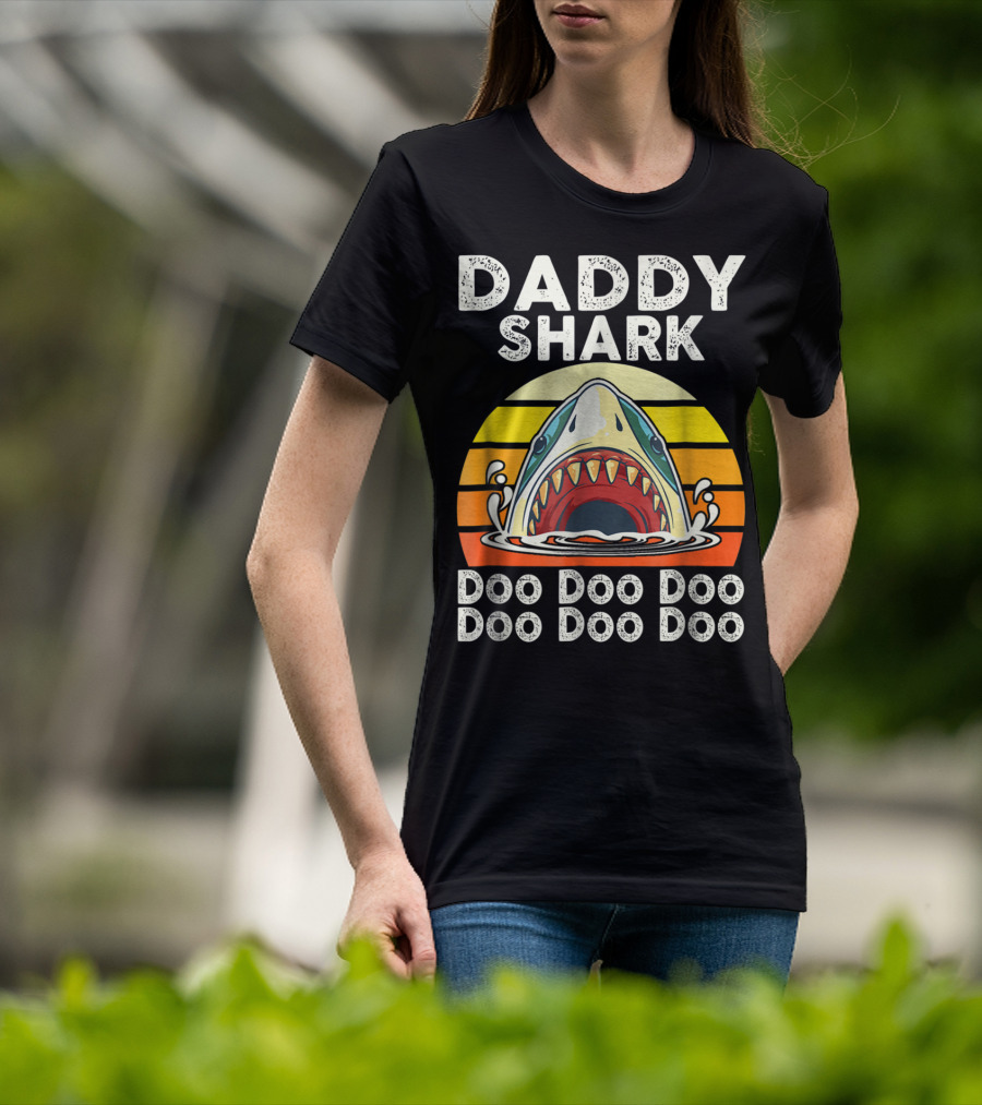Daddy Shark Doo Doo Doo Doo Doo Doo Funny Sunset Shark Face T-Shirt