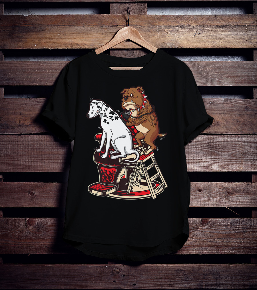 Dalmatian And Tattoo Artist Bulldog On Barber Chair T-Shirt