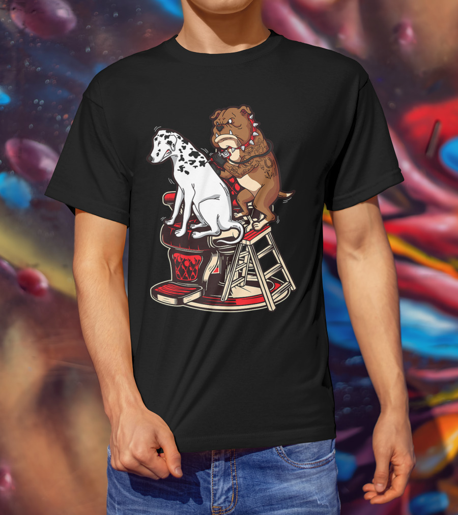 Dalmatian And Tattoo Artist Bulldog On Barber Chair T-Shirt