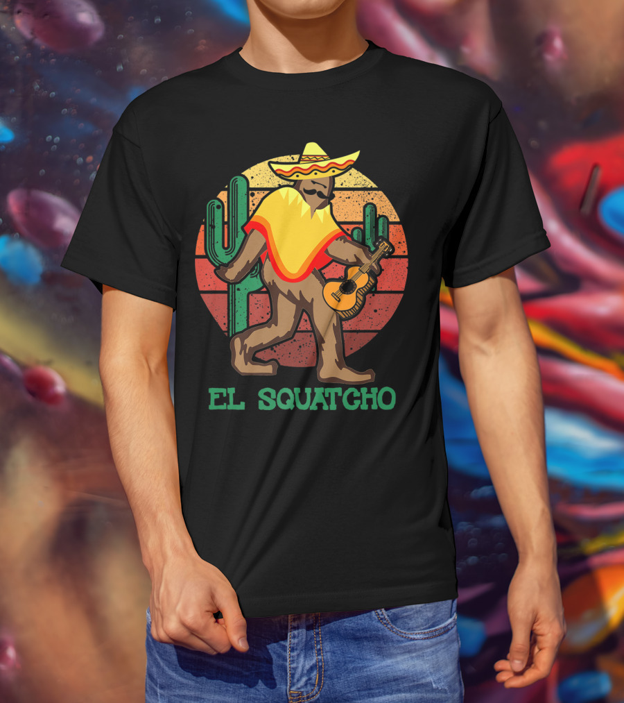 El Squatcho Mexican Sasquatch Bigfoot Cinco De Mayo Cactus Sunset Sombrero Guitar T-Shirt