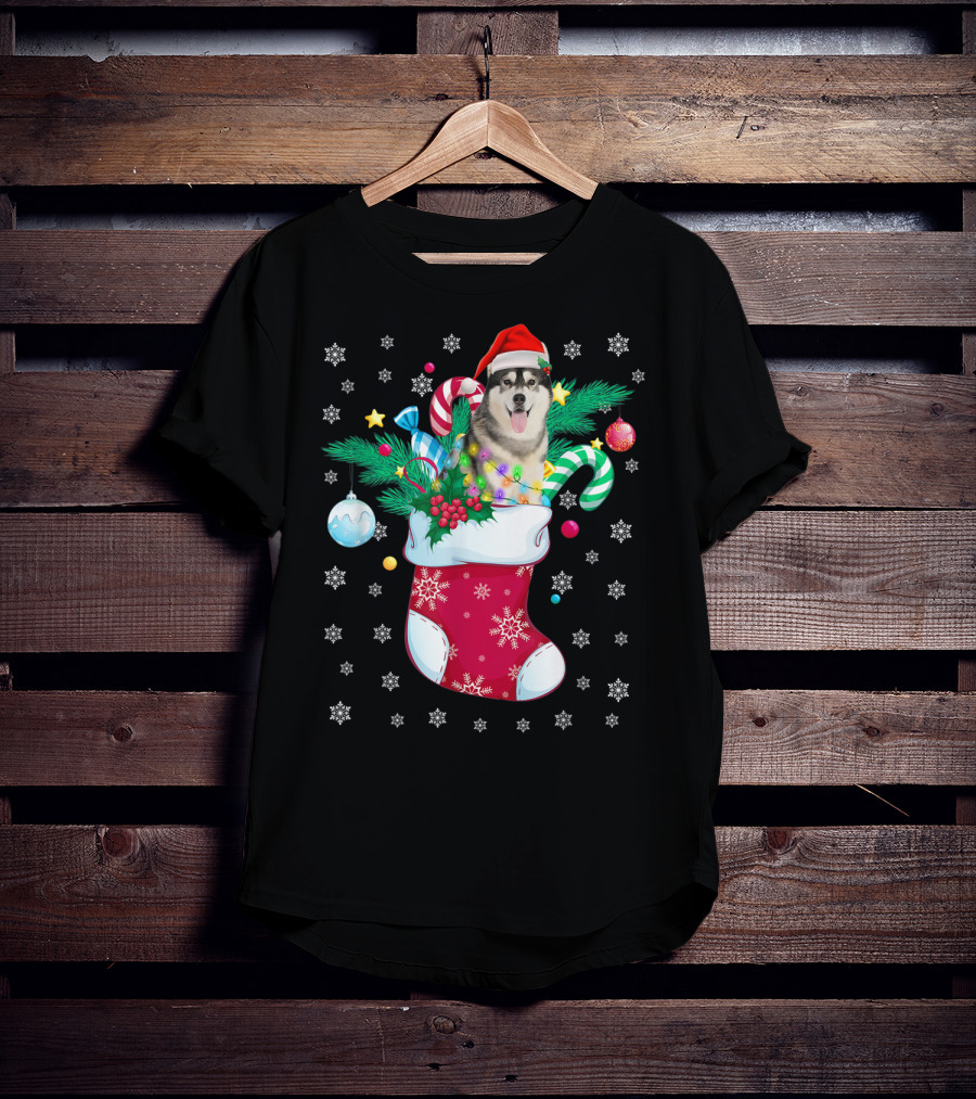 Christmas Siberian Husky With Santa Hat In Festive Sock T-Shirt